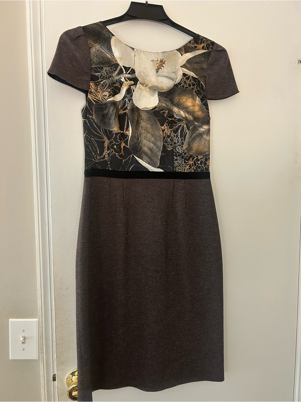 Tahari Floral Panel Short Sleeve Midi Dress in Black and Brown